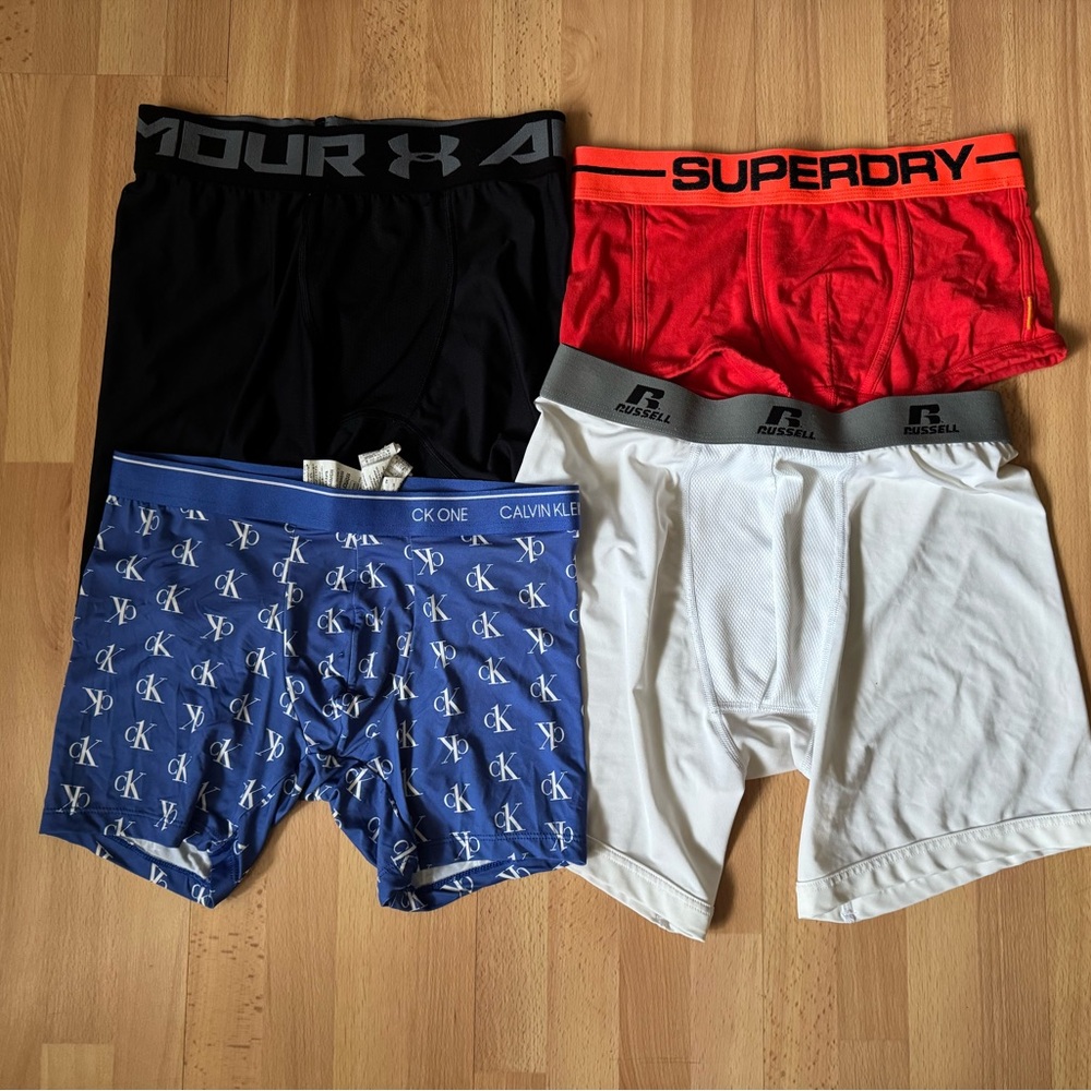Bundle of 4 Men’s Boxers, Calvin Klein, Superdry, Russell, Under Armor